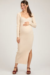 Cream Rib Knit Long Sleeve Maternity Maxi Dress