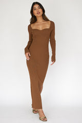 Brown Rib Knit Long Sleeve Maxi Dress