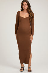 Brown Rib Knit Long Sleeve Maternity Maxi Dress