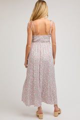 Cream Floral Sleeveless Pocketed Maternity Maxi Dress