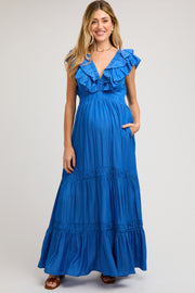 Blue Layered Ruffle Tiered Maternity Maxi Dress