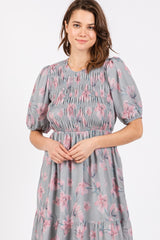 Grey Floral Smocked Ruffle Hem Midi Dress