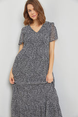 Black Dotted Smocked V-Neck Short Sleeve Maxi Dress