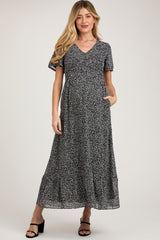 Black Dotted Smocked V-Neck Short Sleeve Maternity Maxi Dress