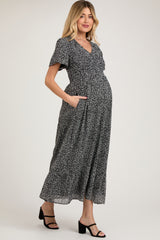 Black Dotted Smocked V-Neck Short Sleeve Maternity Maxi Dress