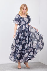 Black Floral Organza Square Neck Maternity Midi Dress