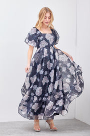 Black Floral Organza Square Neck Midi Dress