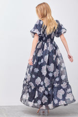 Black Floral Organza Square Neck Midi Dress