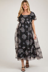 Black Floral Organza Square Neck Maternity Midi Dress