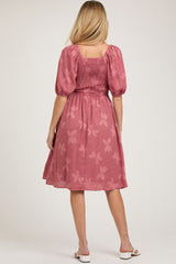 Mauve Textured Floral Square Neck Puff Sleeve Maternity Dress