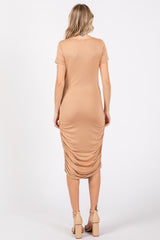 Beige Ruched Fitted Dress