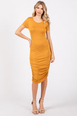 Mustard Ruched Fitted Maternity Dress