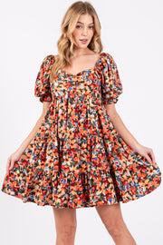 Orange Multi-Color Floral Puff Sleeve Ruffle Hem Dress