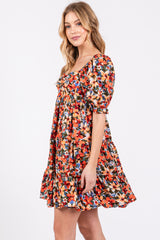 Orange Multi-Color Floral Puff Sleeve Ruffle Hem Dress