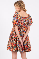 Orange Multi-Color Floral Puff Sleeve Ruffle Hem Dress