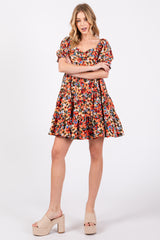 Orange Multi-Color Floral Puff Sleeve Ruffle Hem Dress