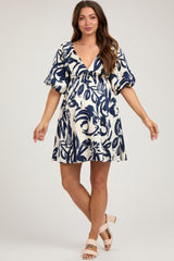 Navy Printed Bubble Sleeve Sweetheart Maternity Dress