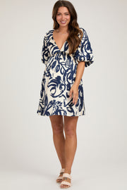 Navy Printed Bubble Sleeve Sweetheart Maternity Dress