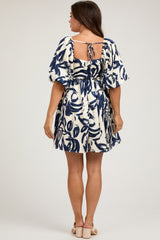 Navy Printed Bubble Sleeve Sweetheart Maternity Dress