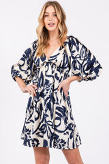 Navy Printed Bubble Sleeve Sweetheart Maternity Dress