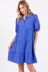 Blue Button Front Tiered Collared Maternity Dress