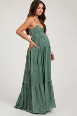 Light Olive Printed Tiered Maternity Maxi Dress