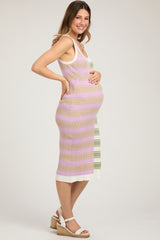 Taupe Colorblock Striped Fitted Maternity Midi Dress