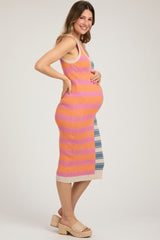 Blue Colorblock Striped Fitted Maternity Midi Dress