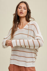 Cream Striped Open Knit Hooded Maternity Long Sleeve Top