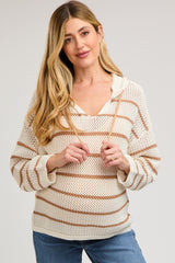 Cream Striped Open Knit Hooded Maternity Long Sleeve Top