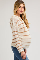 Cream Striped Open Knit Hooded Maternity Long Sleeve Top