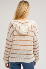 Cream Striped Open Knit Hooded Maternity Long Sleeve Top