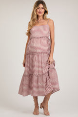 Mauve Gingham Ruffle Tiered Maternity Midi Dress