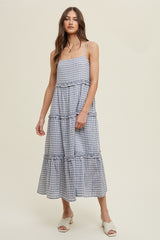 Blue Gingham Ruffle Tiered Maternity Midi Dress