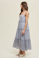 Blue Gingham Ruffle Tiered Midi Dress