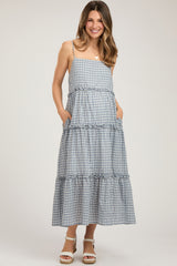 Blue Gingham Ruffle Tiered Maternity Midi Dress