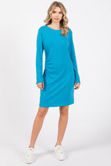 Aqua Blue Ribbed Side Ruched Maternity Fitted Dress