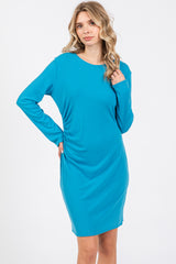 Aqua Blue Ribbed Side Ruched Fitted Dress