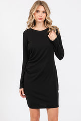 Black Ribbed Side Ruched Maternity Fitted Dress