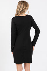 Black Ribbed Side Ruched Fitted Dress