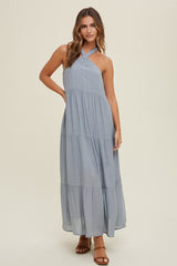 Light Blue Halter Tiered Maxi Dress