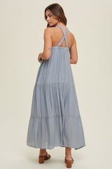 Light Blue Halter Tiered Maxi Dress