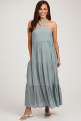 Light Blue Halter Tiered Maternity Maxi Dress