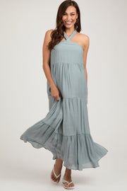 Light Blue Halter Tiered Maternity Maxi Dress