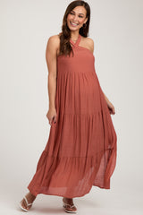 Rust Halter Tiered Maternity Maxi Dress