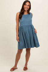 Blue Sleeveless Textured Maternity Dress