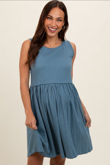 Blue Sleeveless Textured Maternity Dress