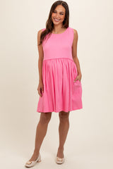 Pink Sleeveless Textured Maternity Dress