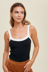 Black Ribbed Square Neck Contrast Strap Top