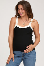 Black Ribbed Square Neck Contrast Strap Maternity Top